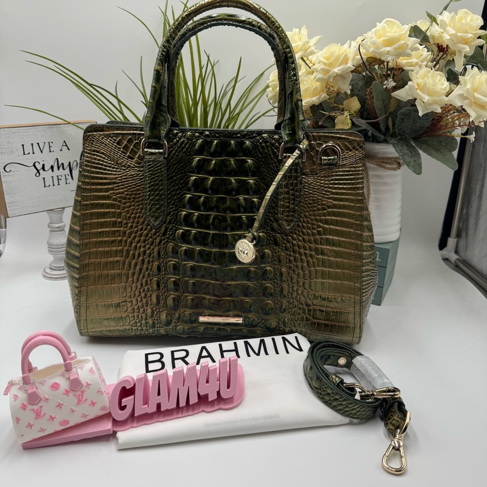 Brahmin Rosetta Satchel in Cacti Green Melbourne Croc Embossed Leather
